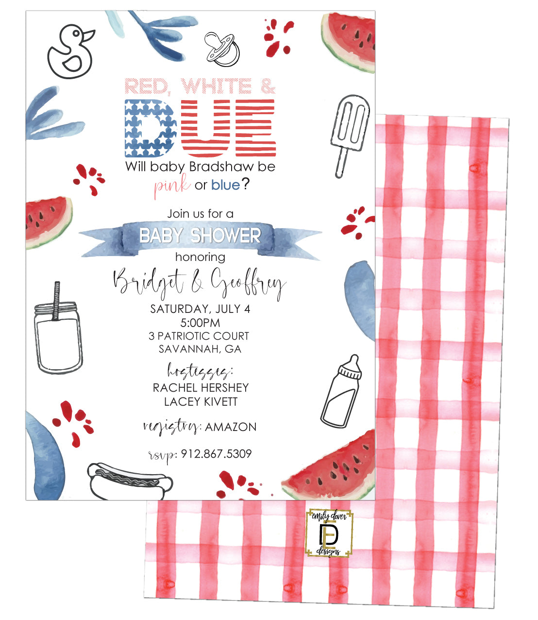 Red White and Due Baby Shower Invitation