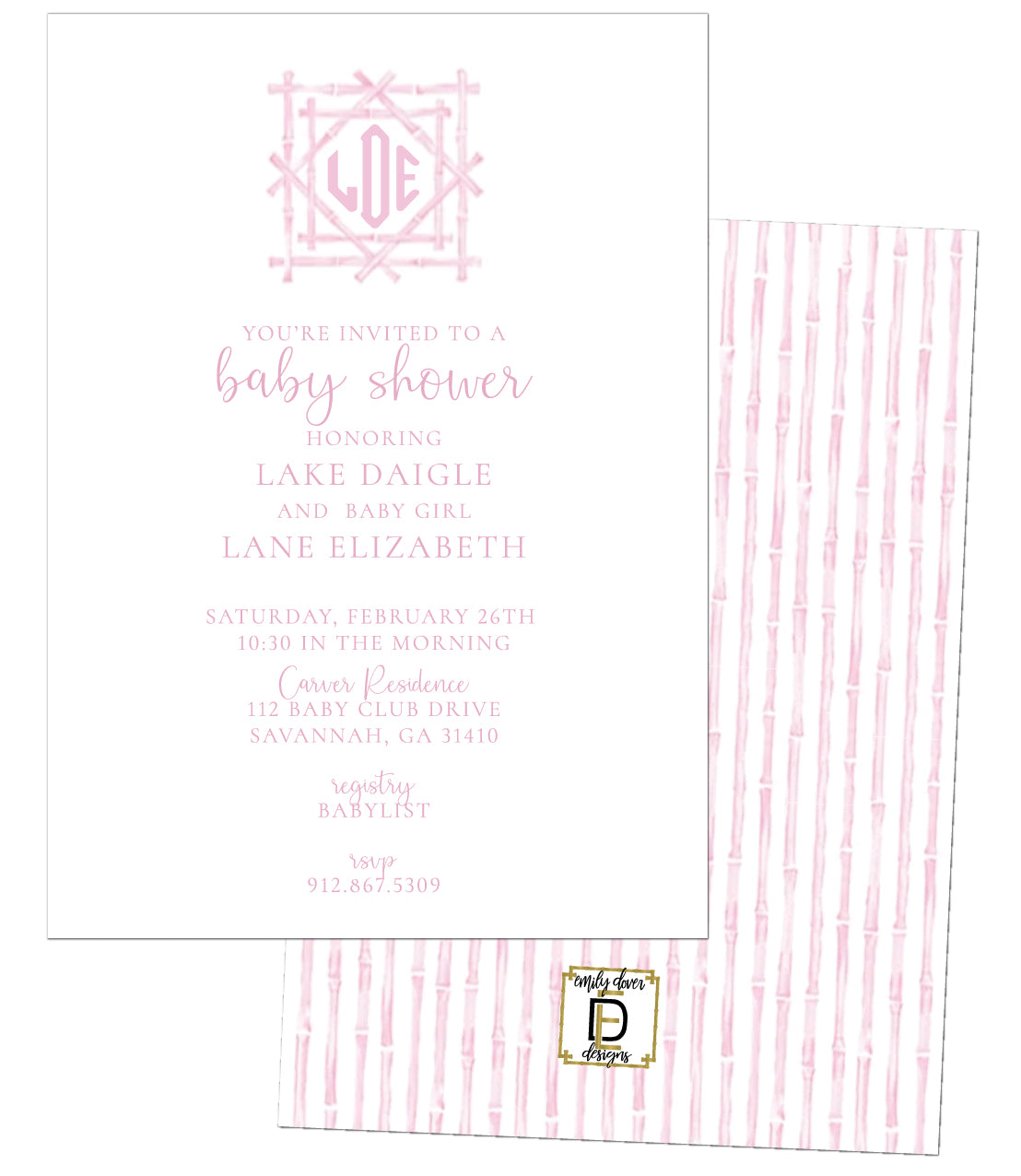 Pink Bamboo Baby Shower Invitation