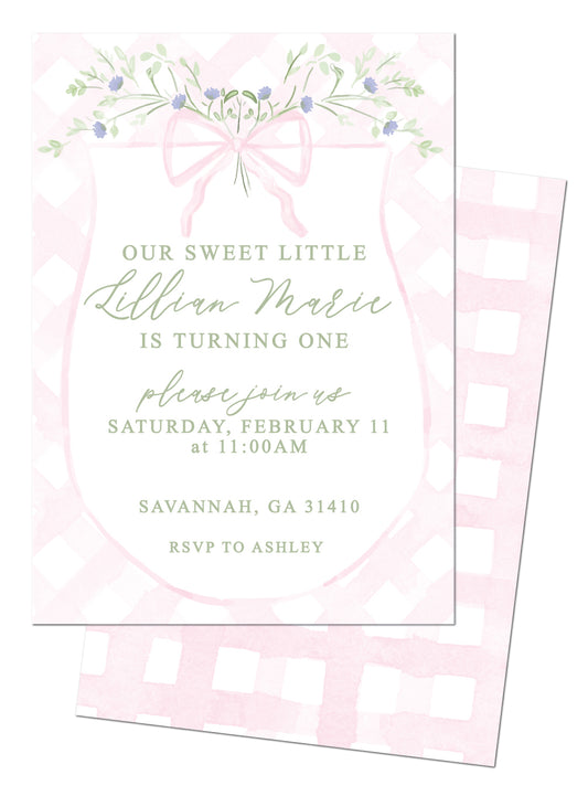 🎀Floral Pink Gingham Birthday Invitation