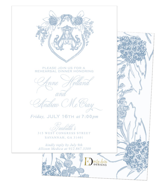 Monogram Crest Rehearsal Dinner Invitation