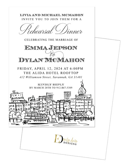 Downtown Skyline Rehearsal Dinner Invitation