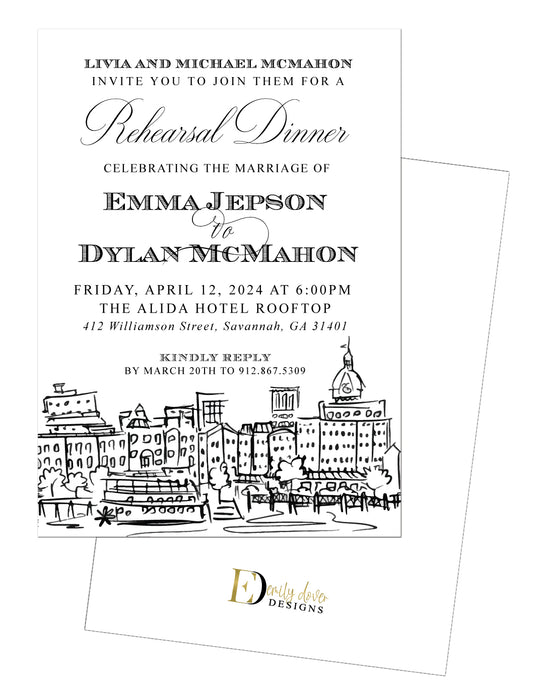 Downtown Skyline Rehearsal Dinner Invitation