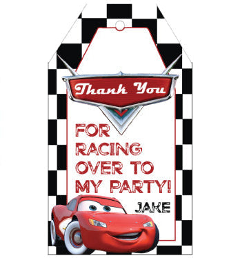 A racing-themed thank you tag featuring a black and white checkered border, a red car illustration, and the text 'Thank You FOR RACING OVER TO MY PARTY! JAKE'.